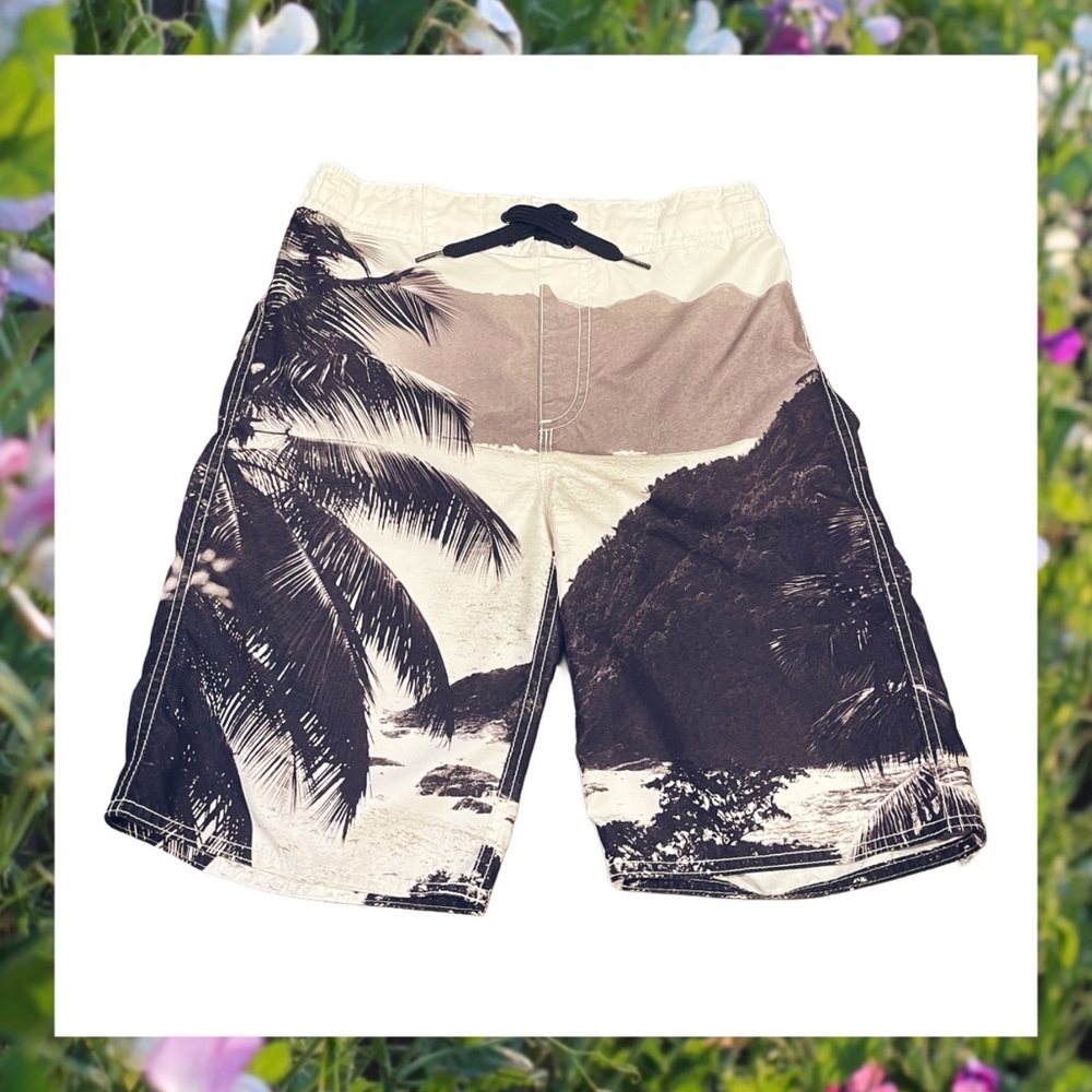OLD NAVY Boys Black/Gray/White Board Shorts Swim Trunks Size L 10/12 Palm Print